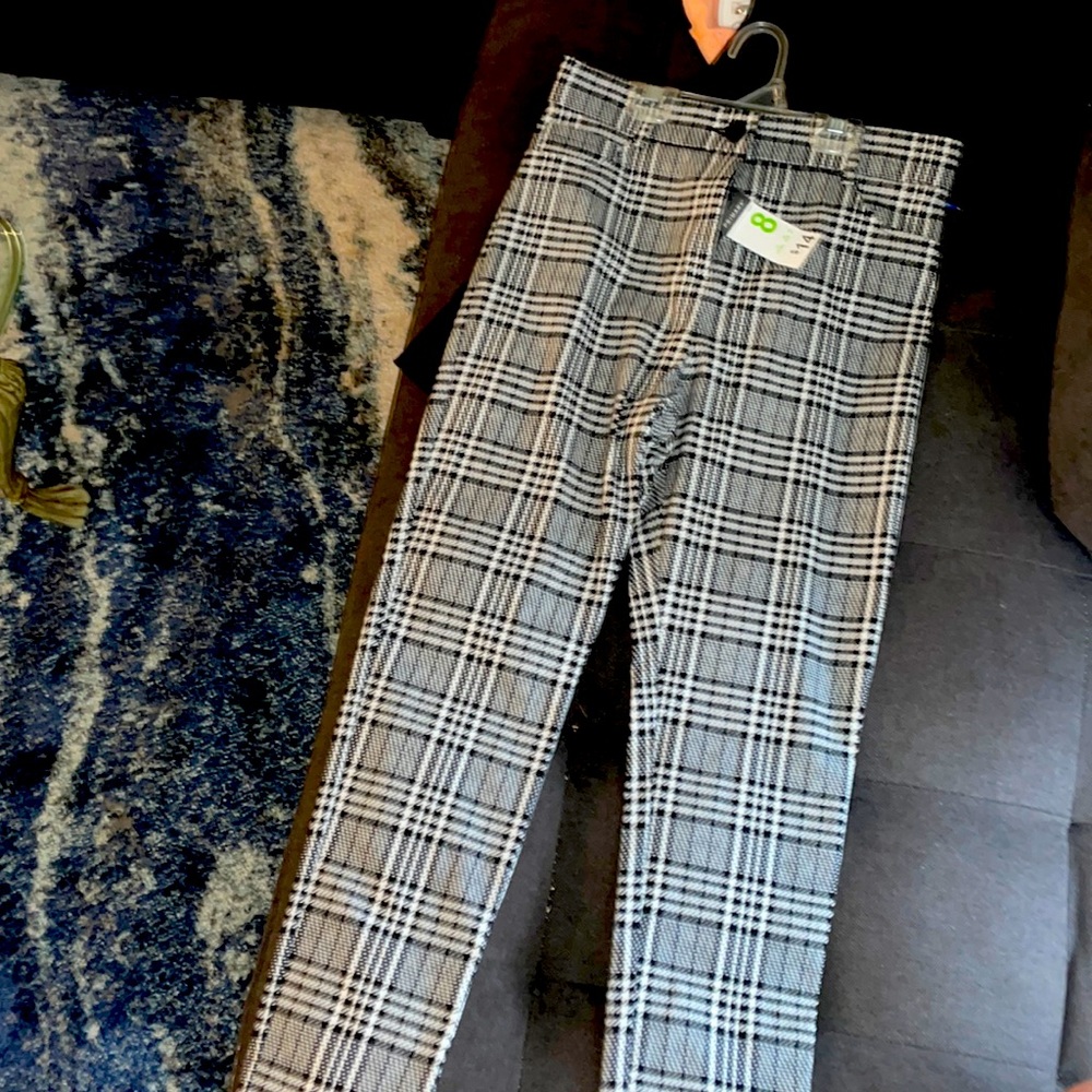 Thin black and white plaid straight leg work pants- never worn!
